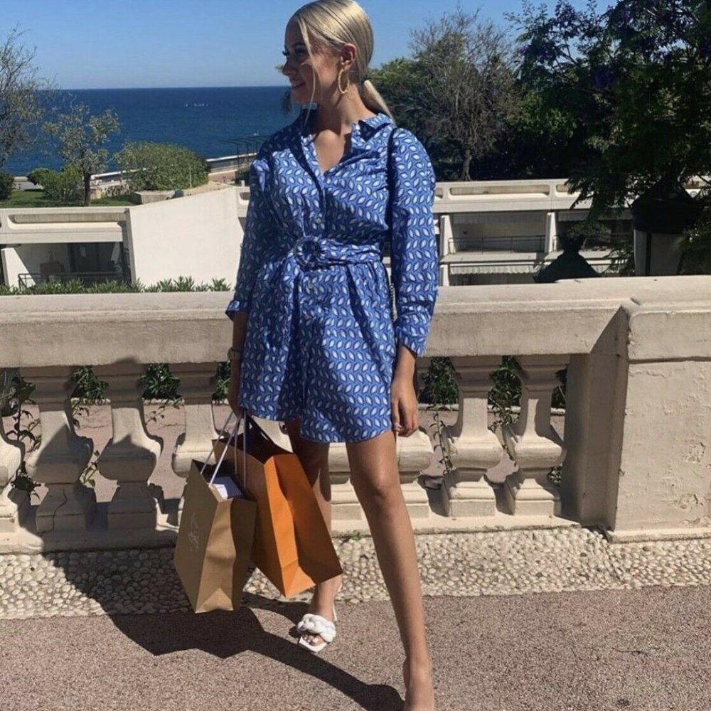 ZARA PRINTED SHIRT DRESS WITH BELT BLUE Sz-L